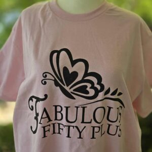 Fabulous Fifty Plus Logo Tee - Light Pink with Black Glitter Butterfly